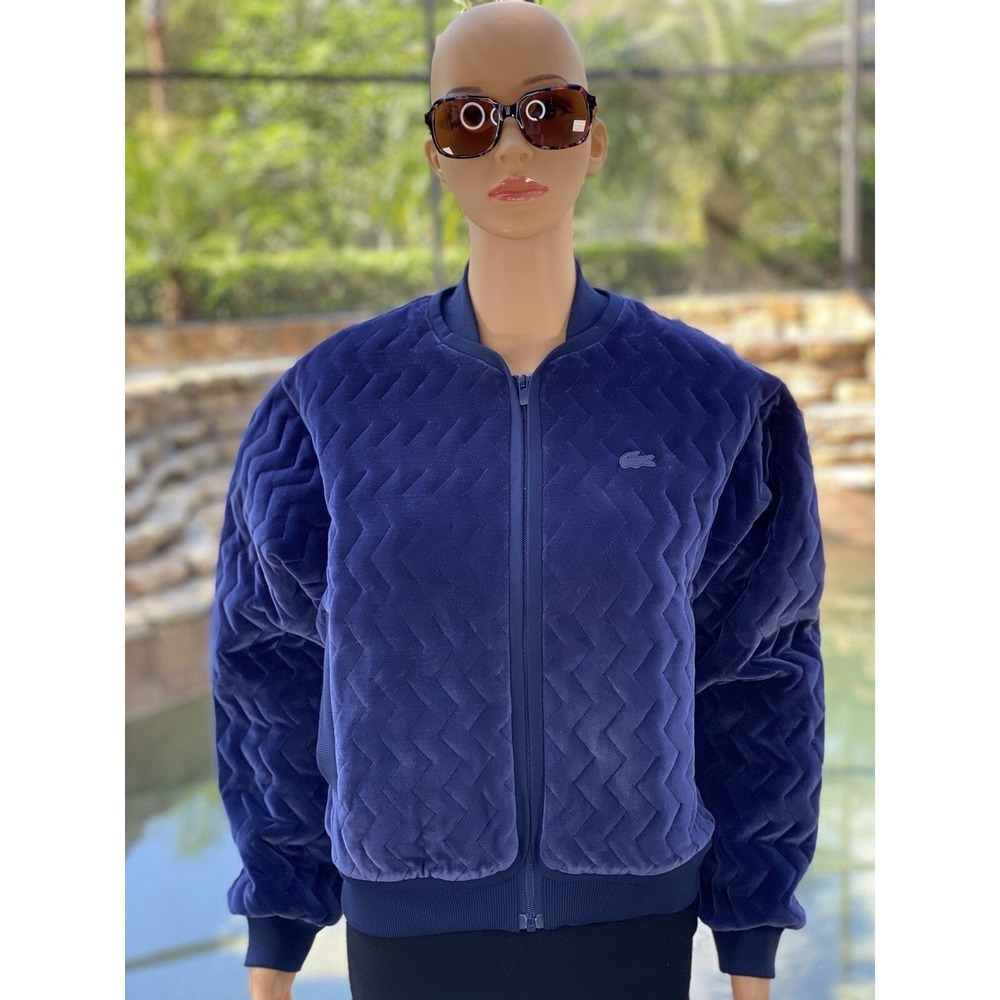 Lacoste Women's Navy Velour Cropped Varsity Jacket Size 38 New with Tags